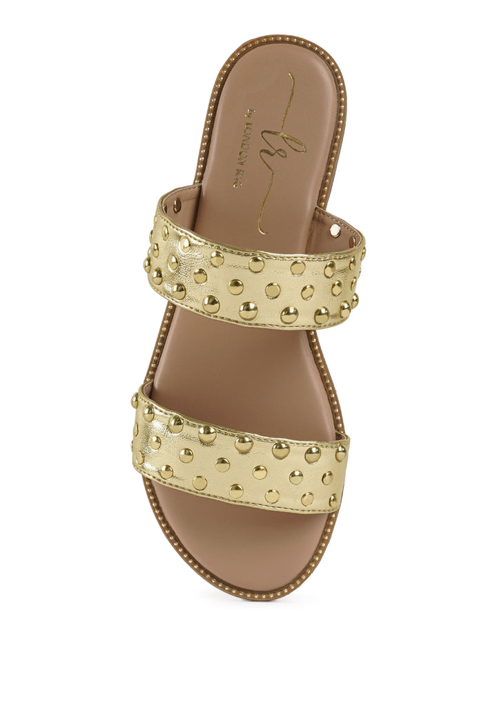 women studded metallic faux leather slip ons#color_gold