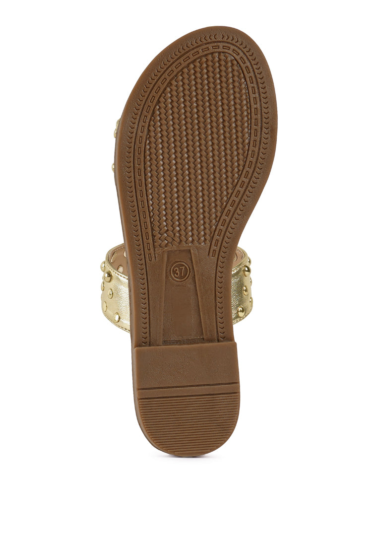 women studded metallic faux leather slip ons#color_gold