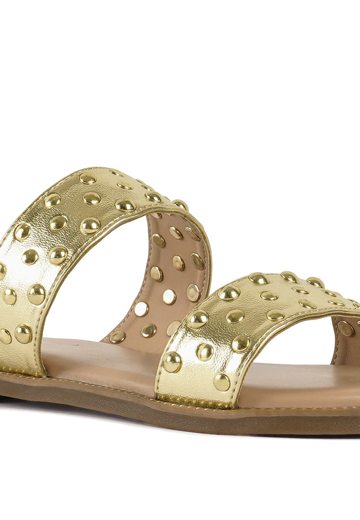 women studded metallic faux leather slip ons#color_gold