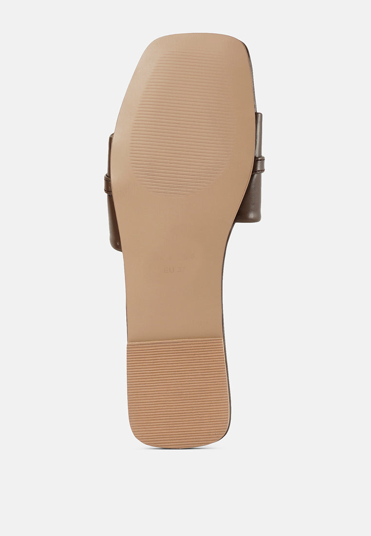 women metallic buckle embellished slip ons#color_brown