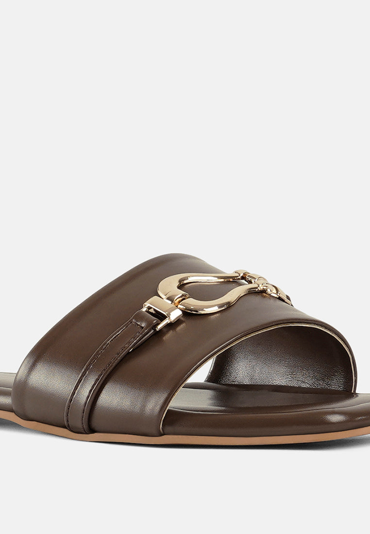 women metallic buckle embellished slip ons#color_brown