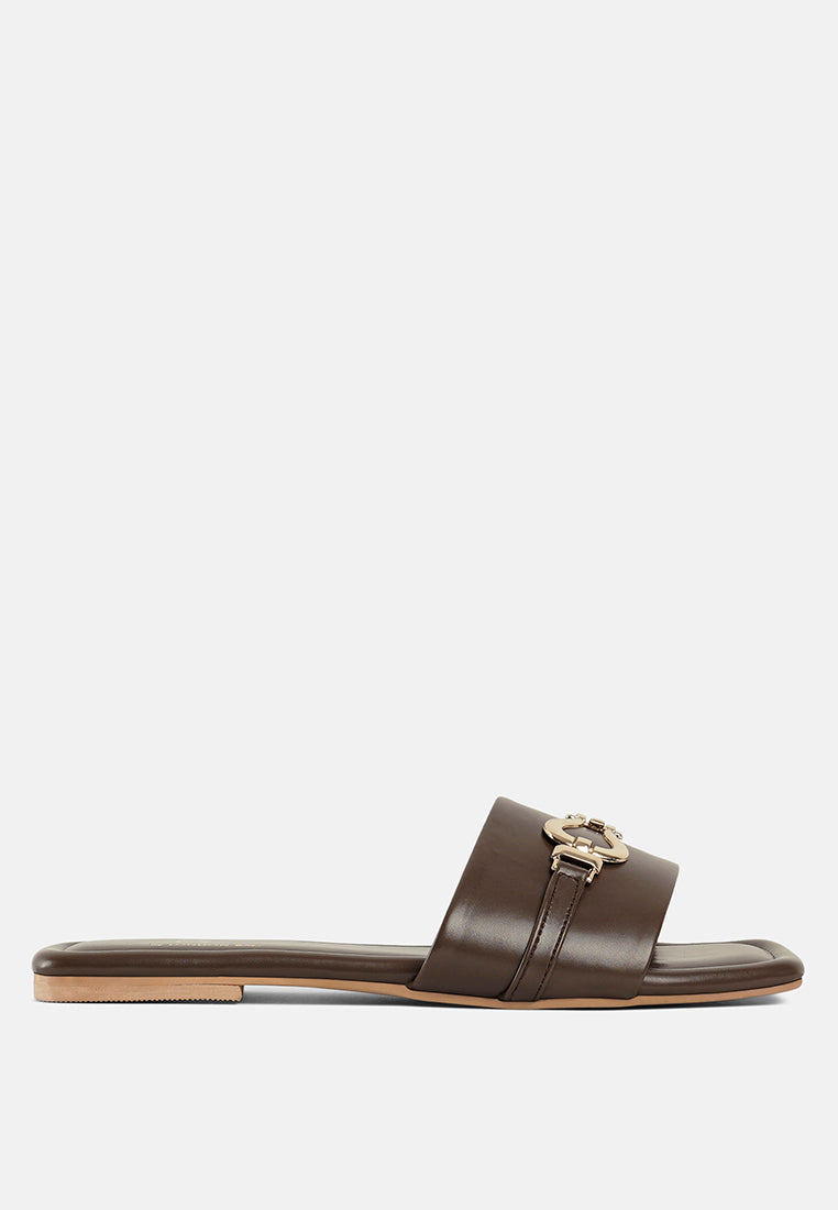 women metallic buckle embellished slip ons#color_brown