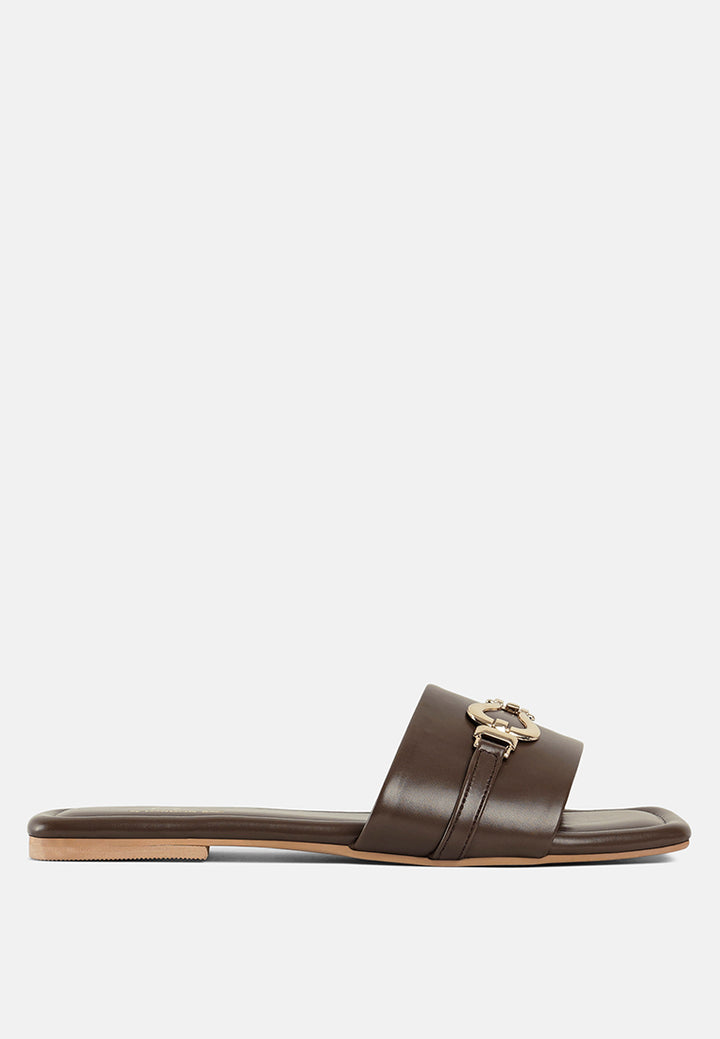 women metallic buckle embellished slip ons#color_brown