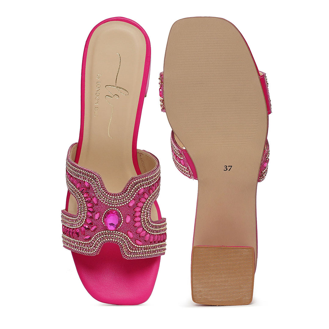 women embellished block heels#color_fuchsia