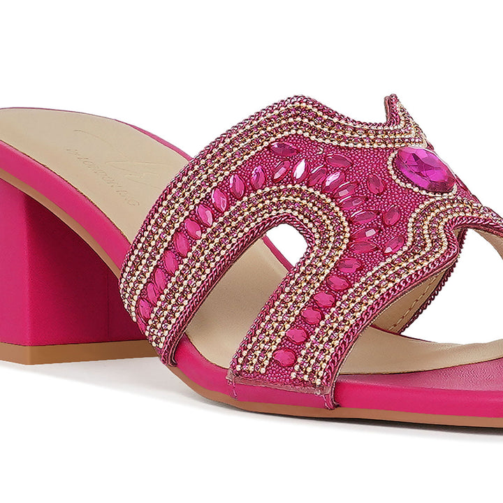 women embellished block heels#color_fuchsia
