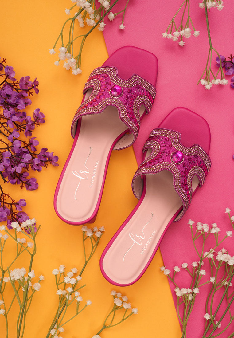 women embellished block heels#color_fuschia