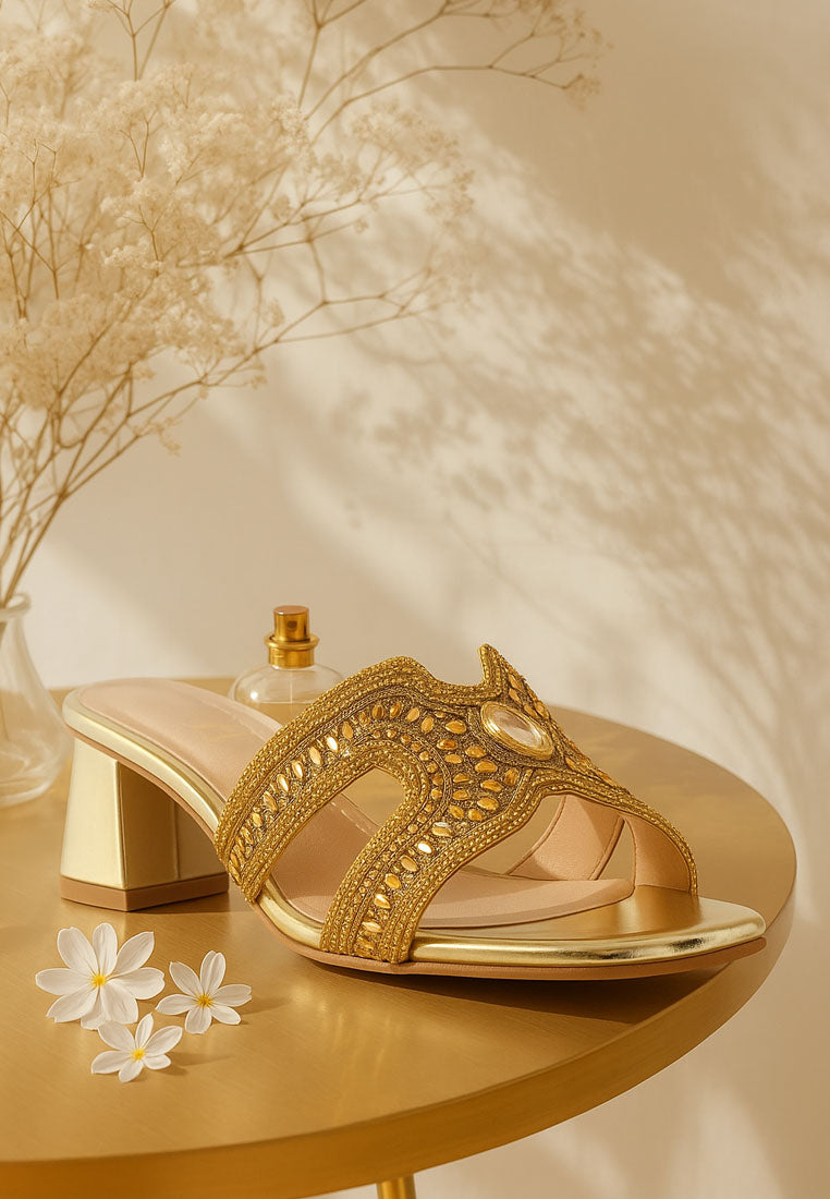 women embellished block heels#color_gold