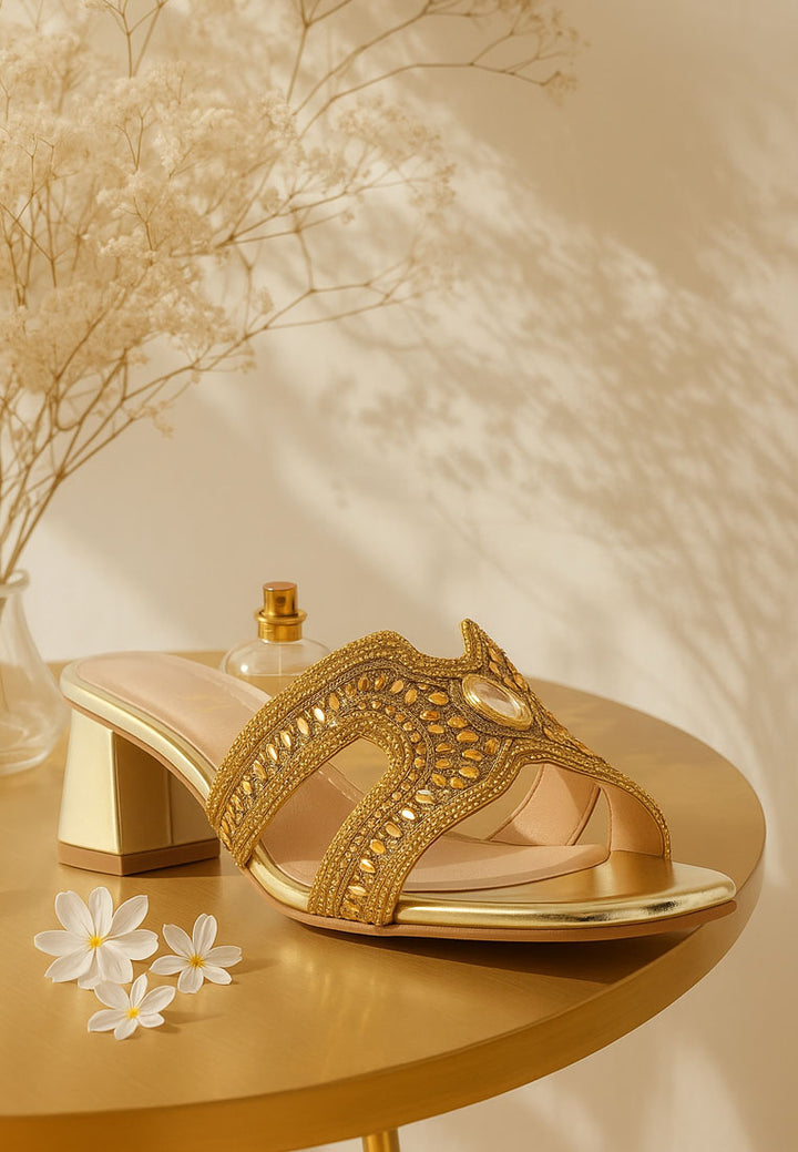 women embellished block heels#color_gold