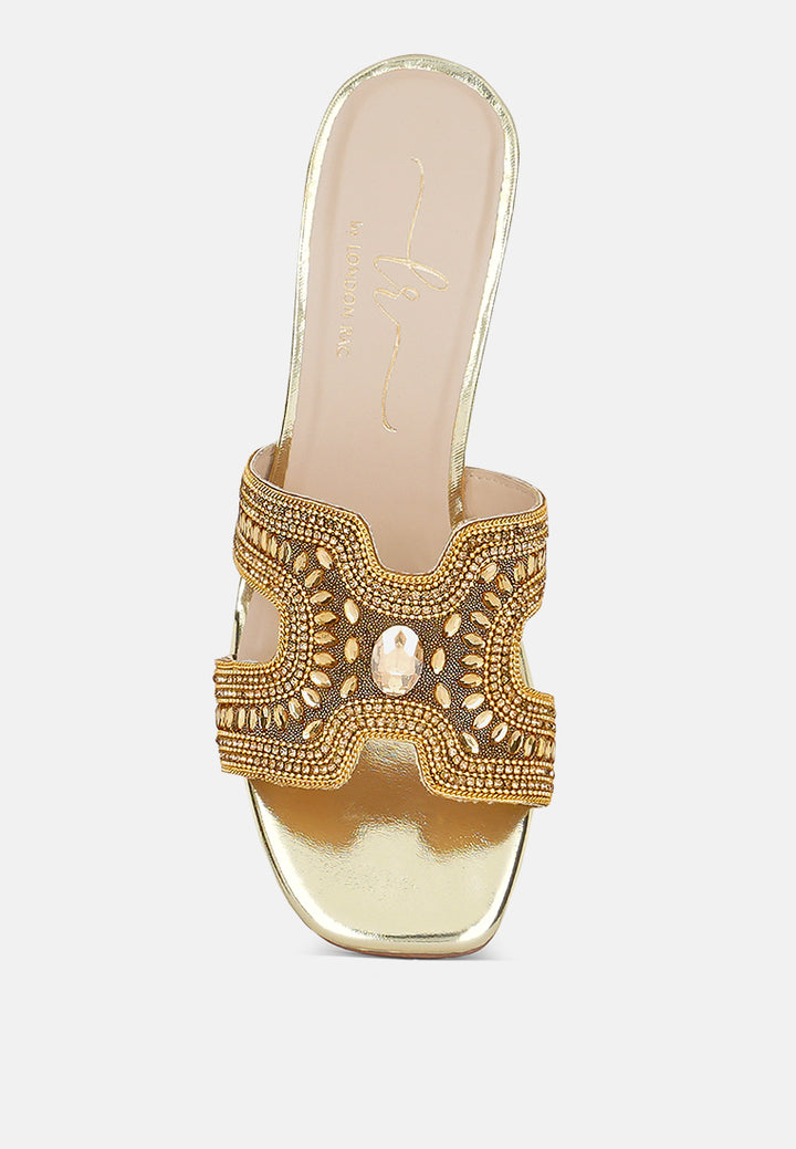 women embellished block heels#color_gold