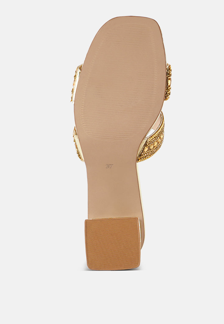 women embellished block heels#color_gold