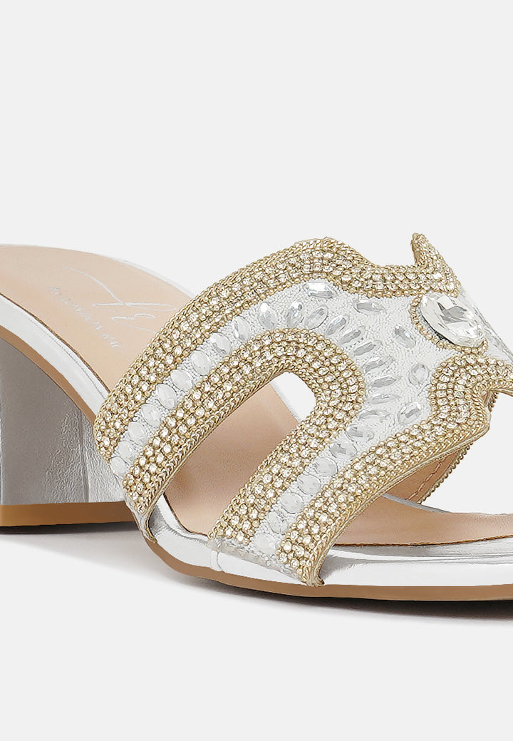 women embellished block heels#color_silver