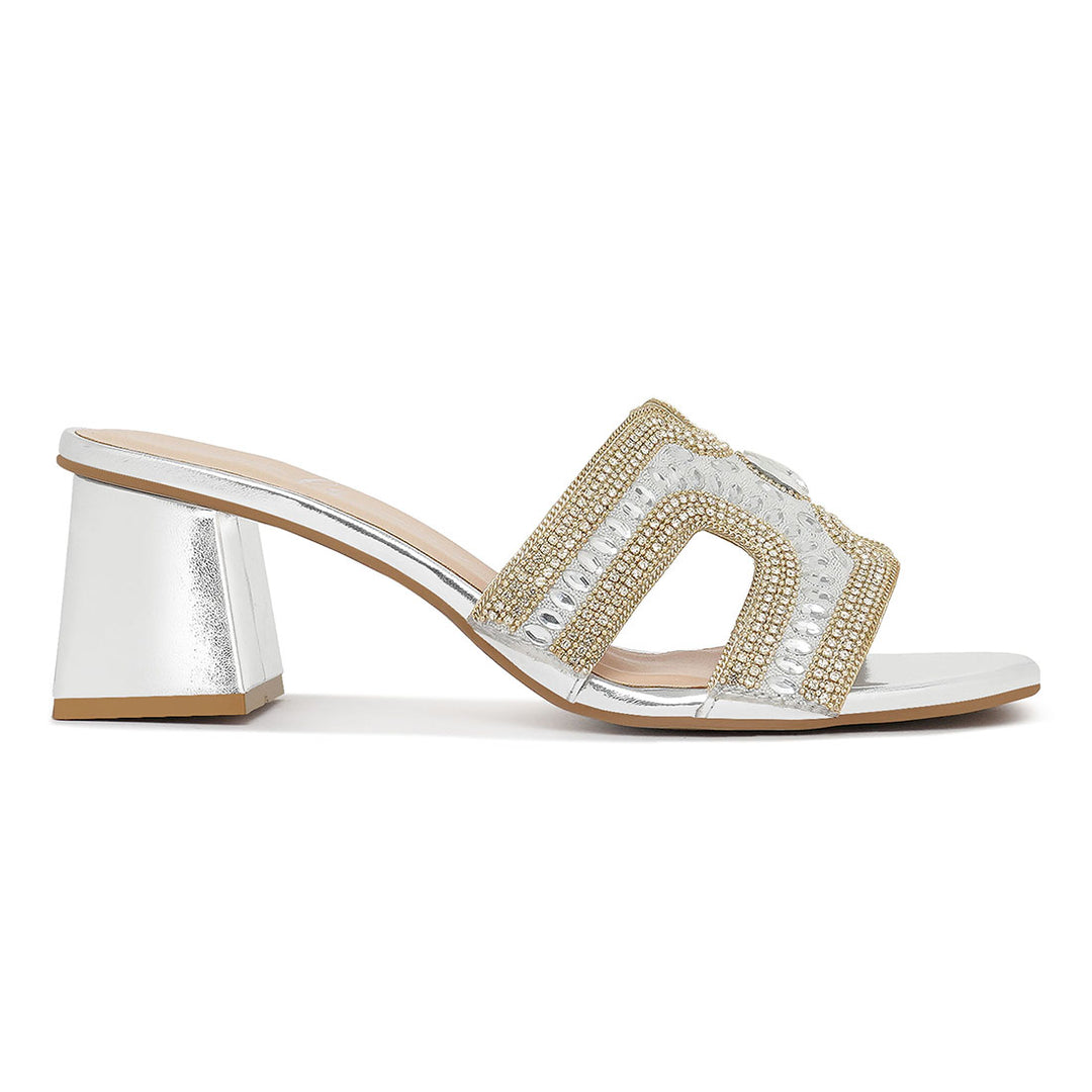 women embellished block heels#color_silver