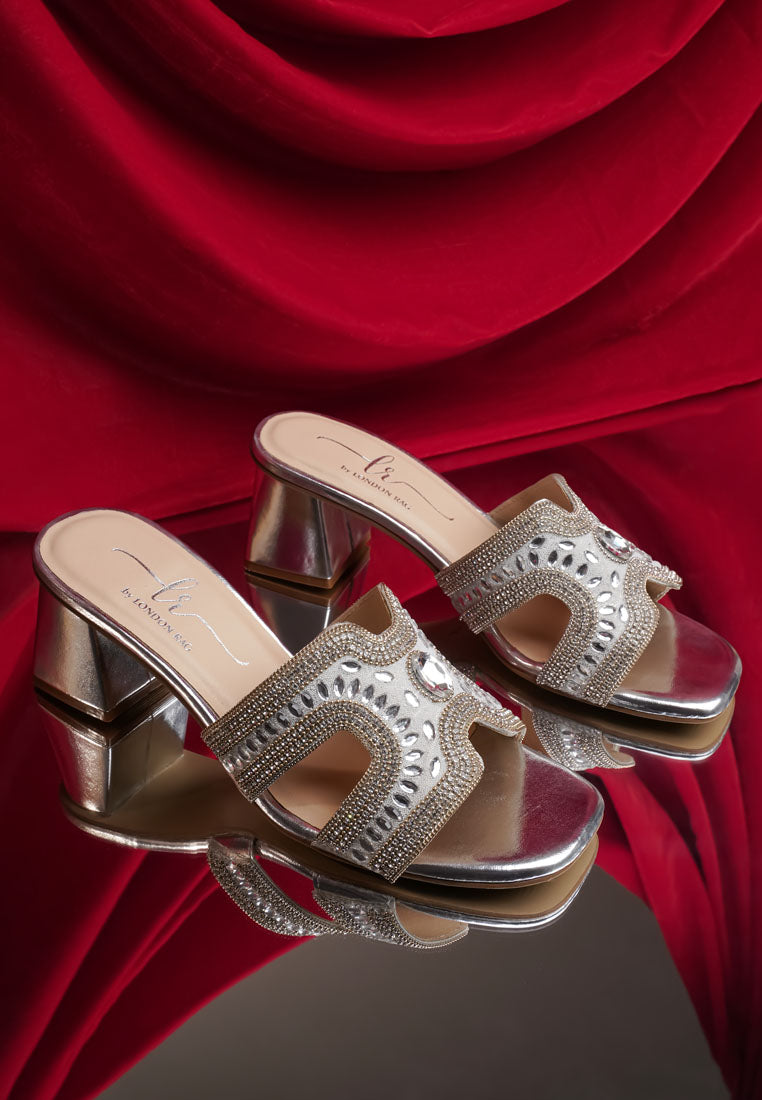 women embellished block heels#color_silver