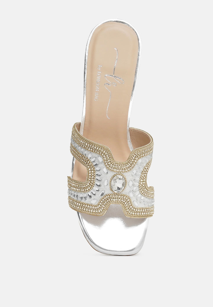 women embellished block heels#color_silver
