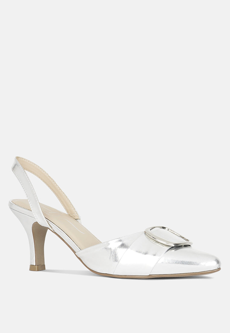 women slingback pointed toe kitten heels#color_silver