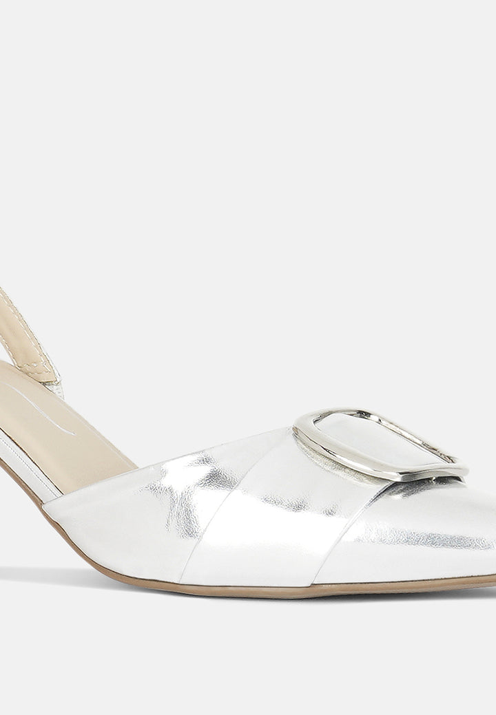 women slingback pointed toe kitten heels#color_silver