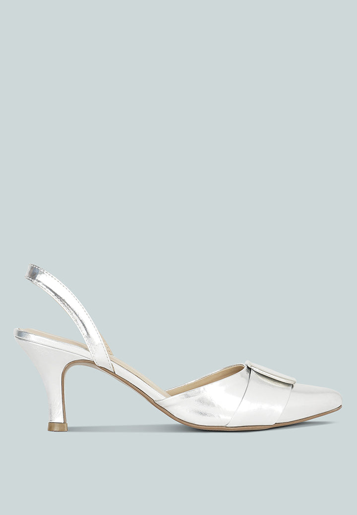 women slingback pointed toe kitten heels#color_silver
