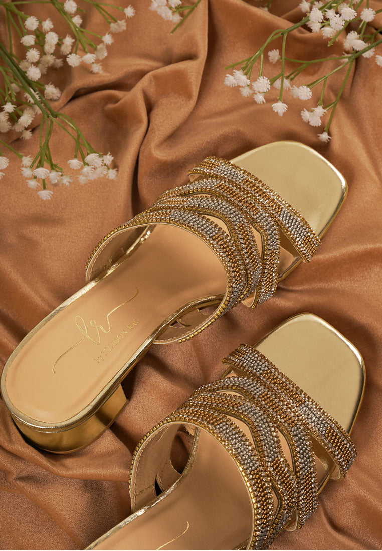 women rhinestones & bead embellished block heels#color_light-gold