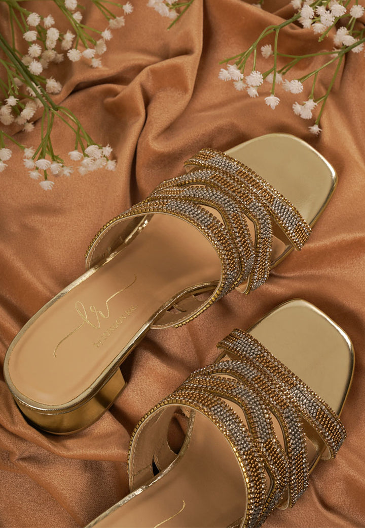 women rhinestones & bead embellished block heels#color_light-gold