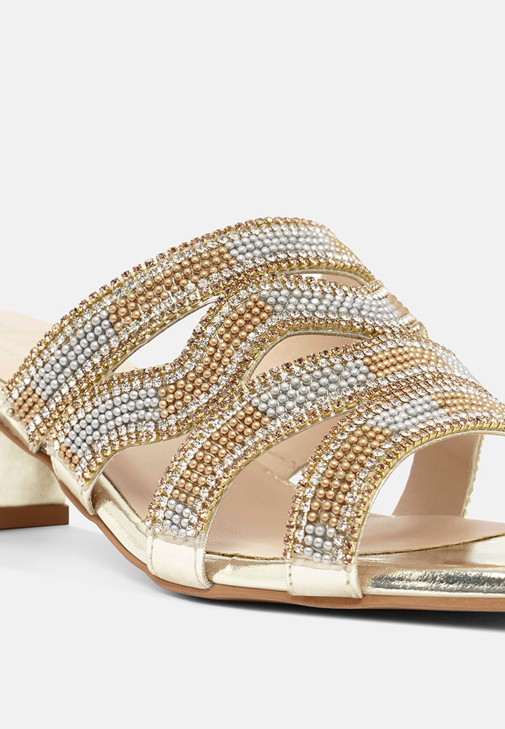women rhinestones & bead embellished block heels#color_light-gold