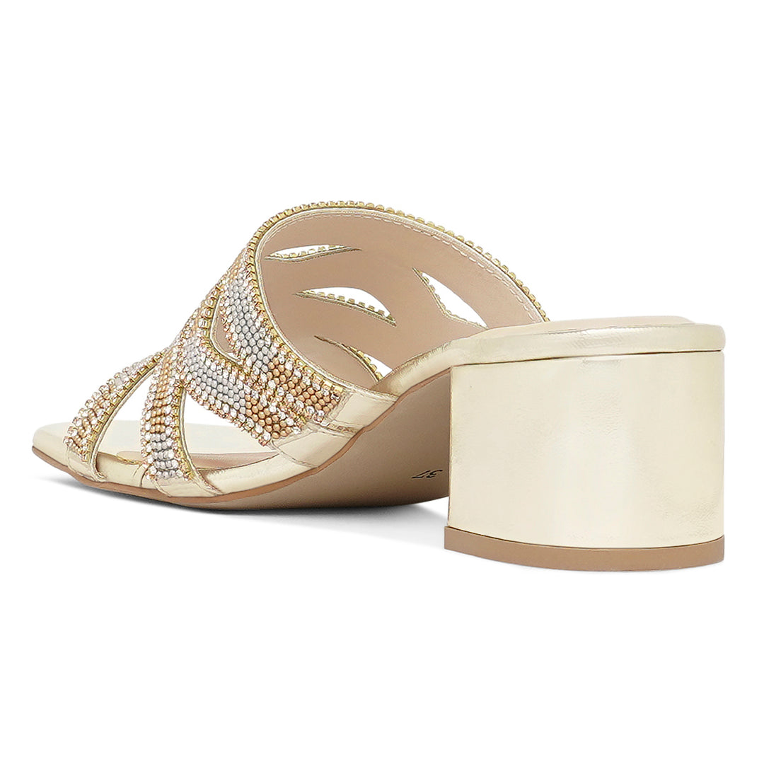 women rhinestones & bead embellished block heels#color_light-gold