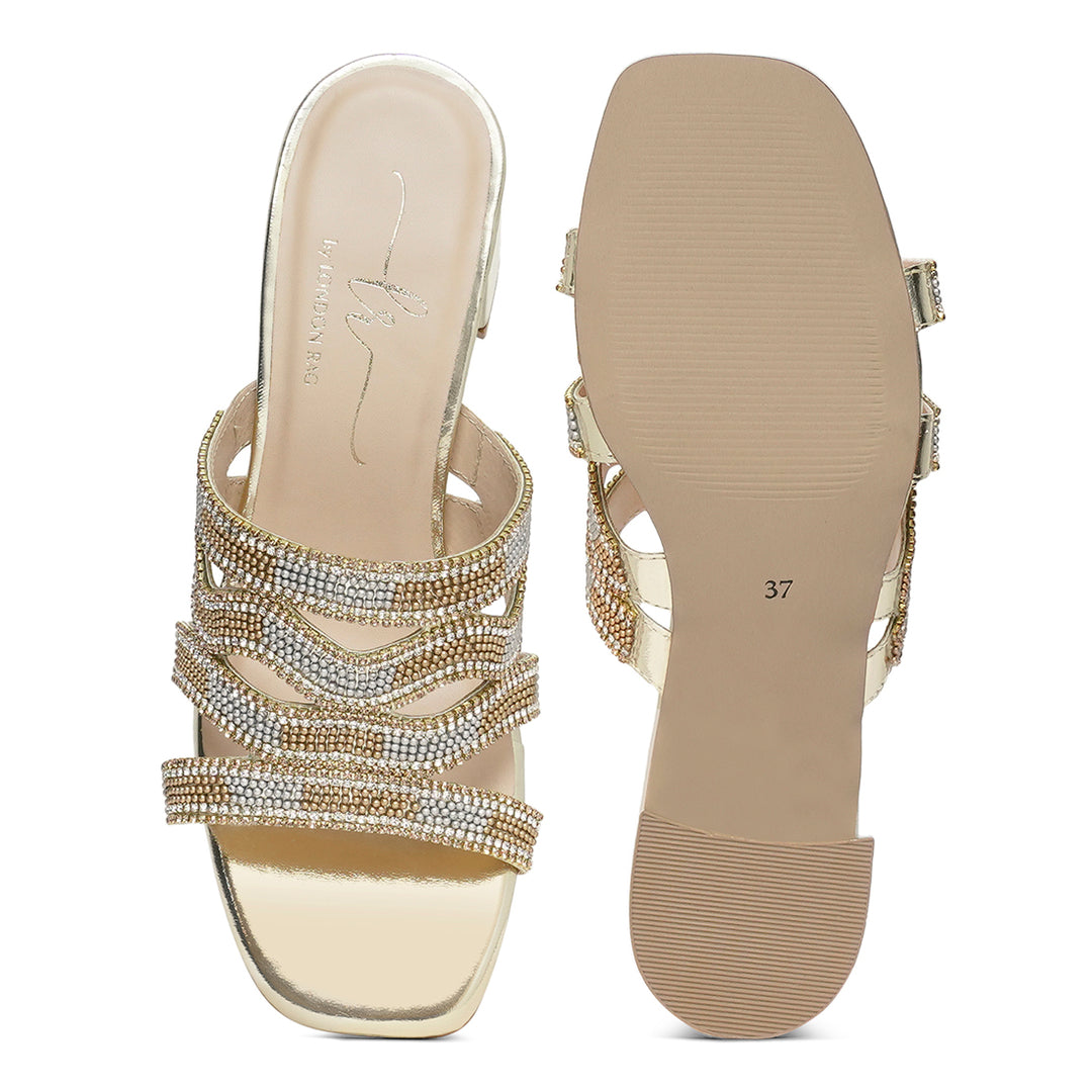 women rhinestones & bead embellished block heels#color_light-gold