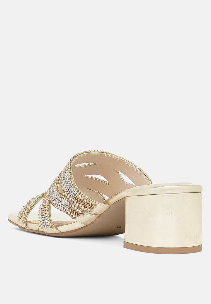 women rhinestones & bead embellished block heels#color_light-gold