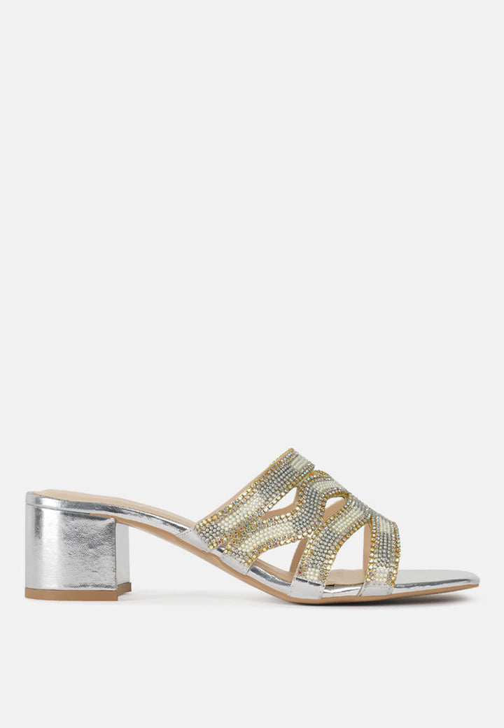 women rhinestones & bead embellished block heels#color_silver