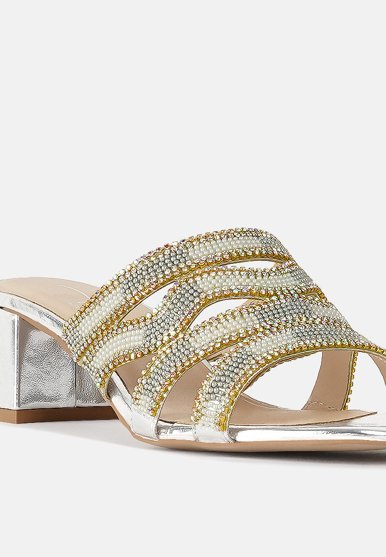 women rhinestones & bead embellished block heels#color_silver