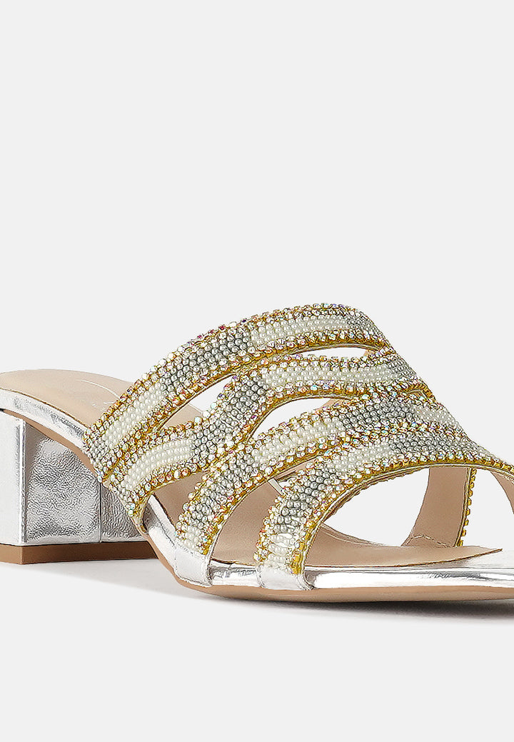 women rhinestones & bead embellished block heels#color_silver