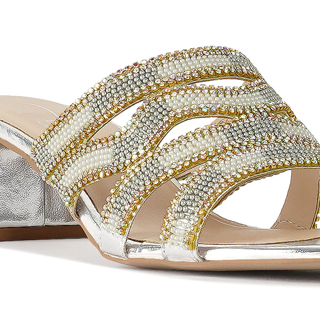 women rhinestones & bead embellished block heels#color_silver