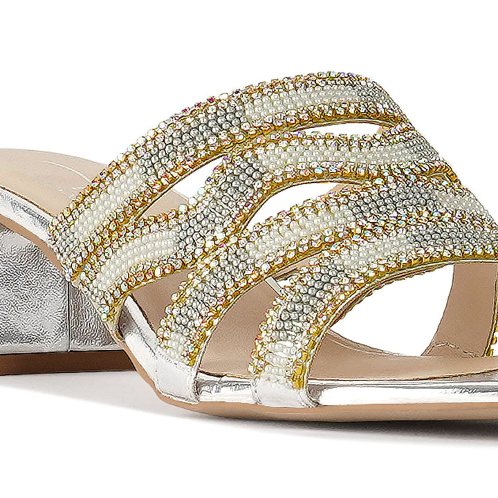 women rhinestones & bead embellished block heels#color_silver