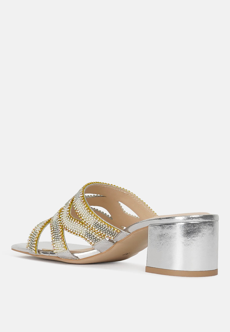 women rhinestones & bead embellished block heels#color_silver