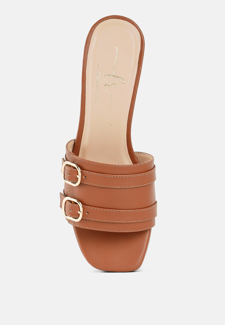 women double buckle strap heels#color_tan