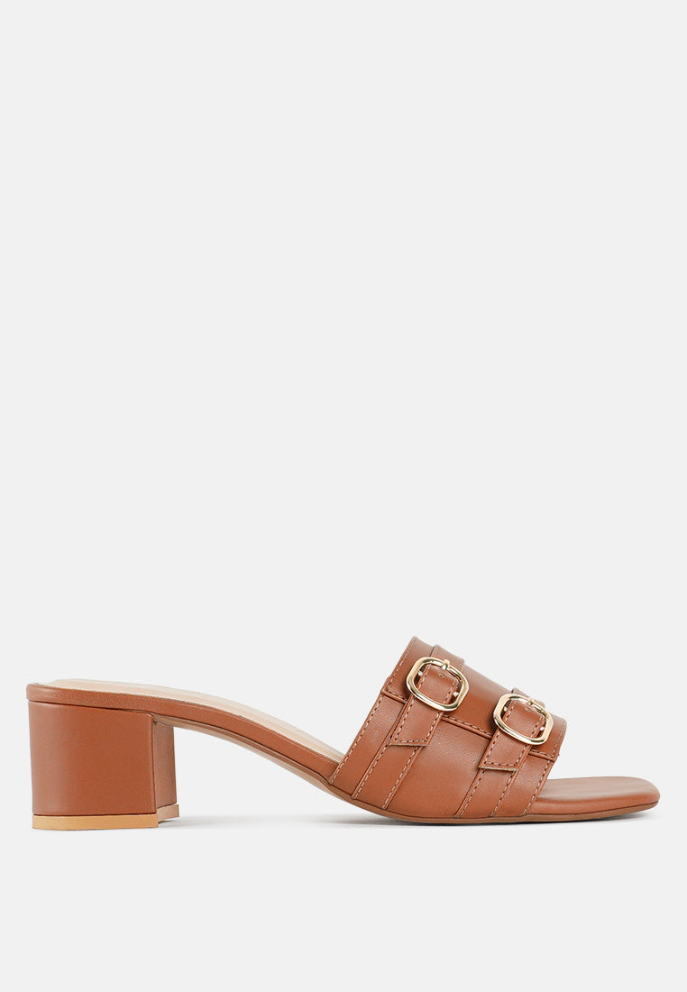 women double buckle strap heels#color_tan