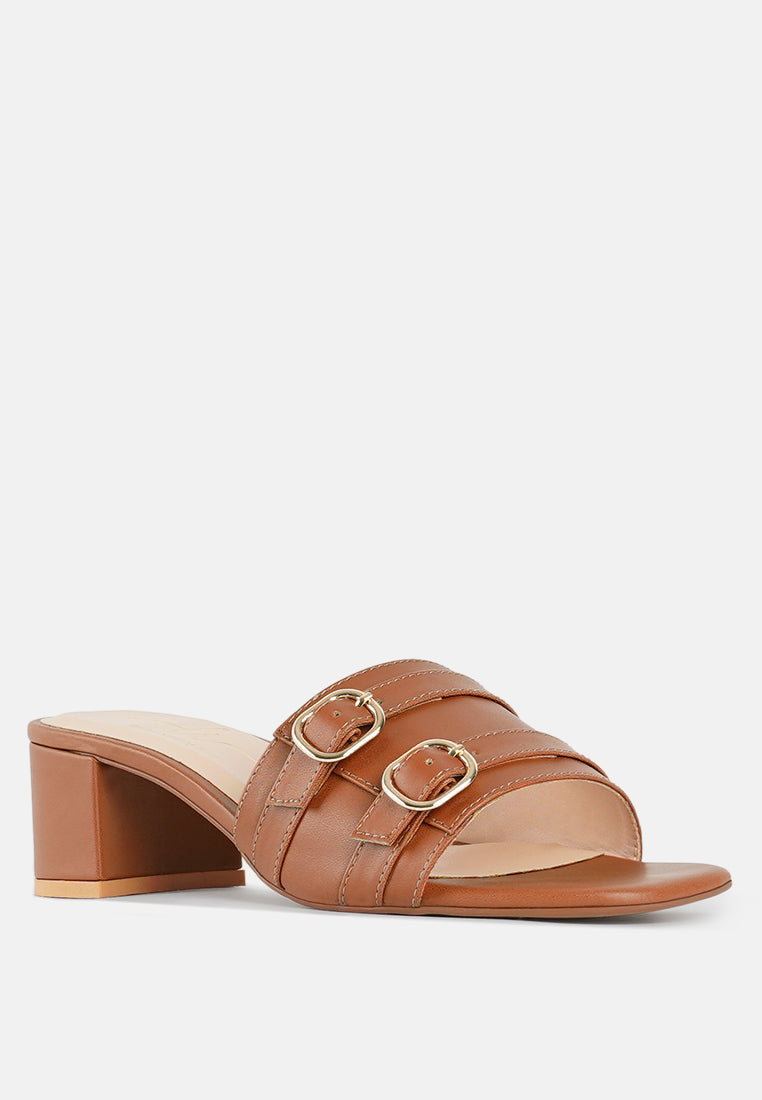 women double buckle strap heels#color_tan