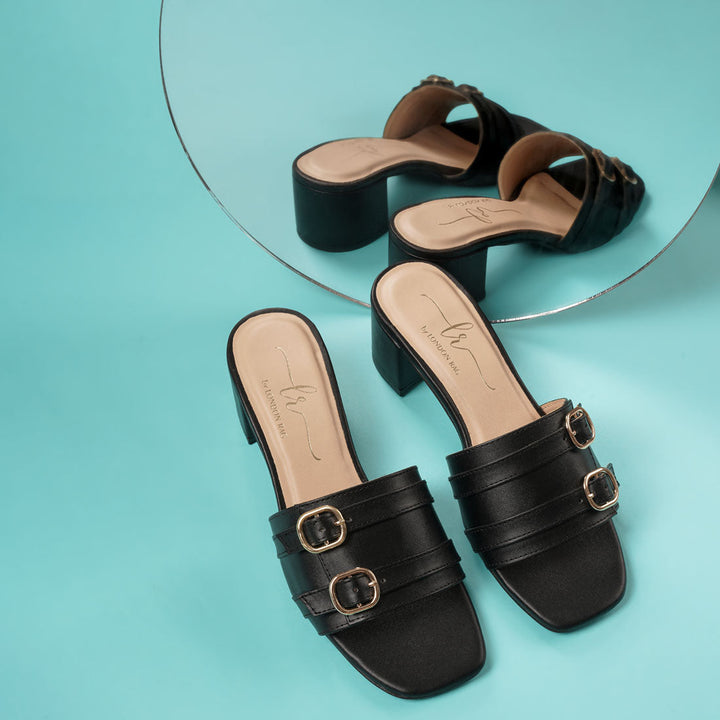 women double buckle strap heels#color_black