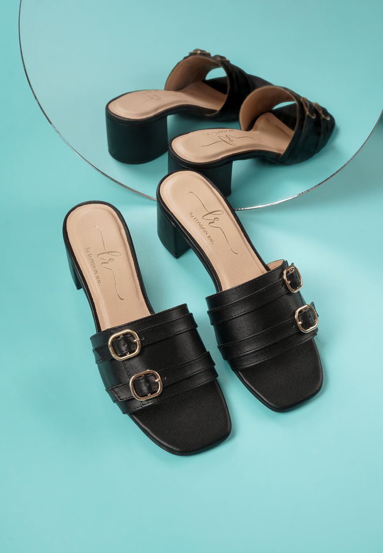 women double buckle strap heels#color_black