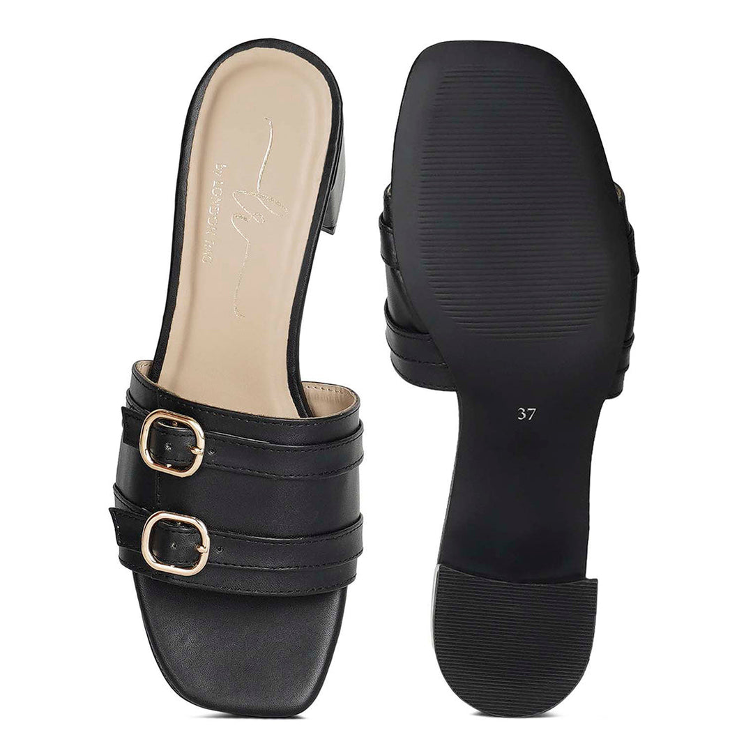 women double buckle strap heels#color_black