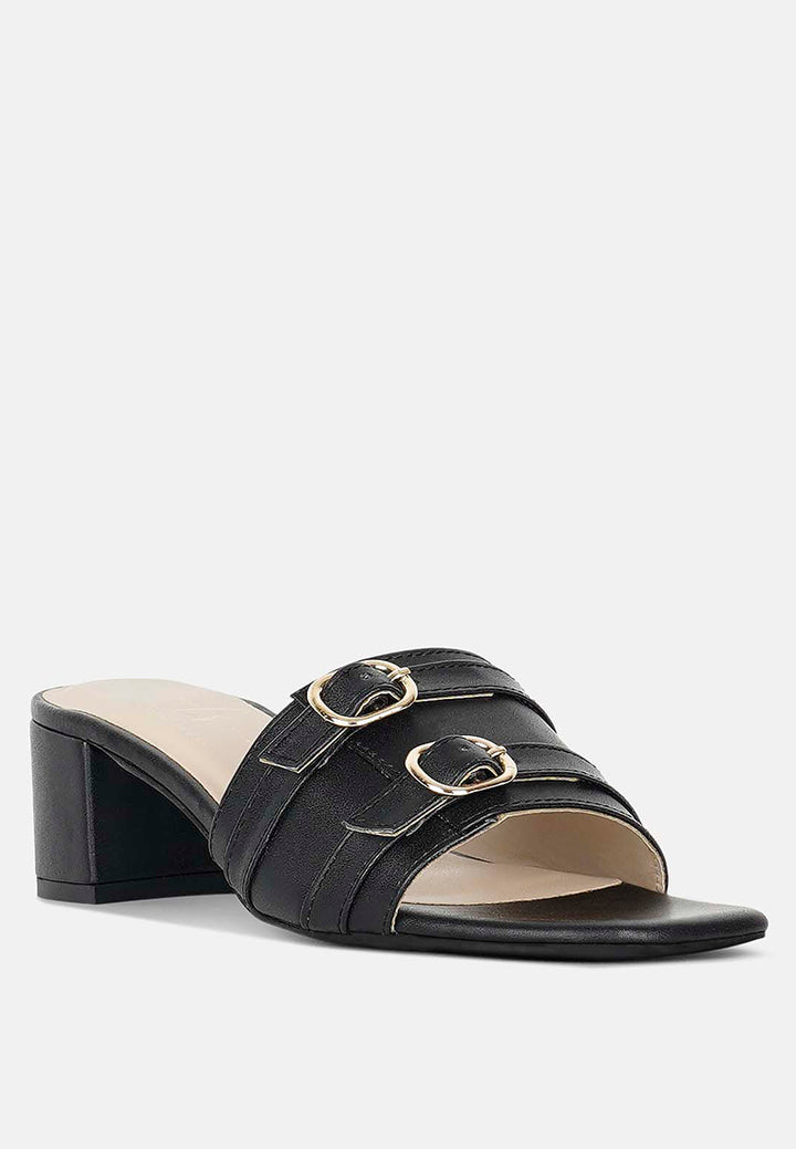 women double buckle strap heels#color_black