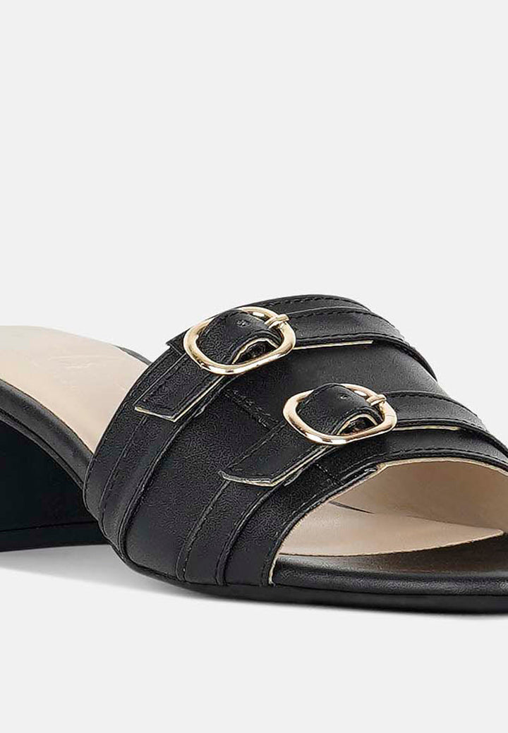 women double buckle strap heels#color_black