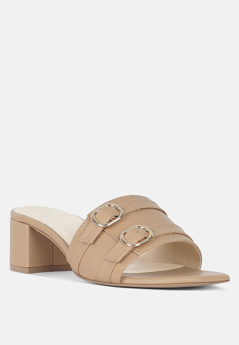 women double buckle strap heels#color_camel