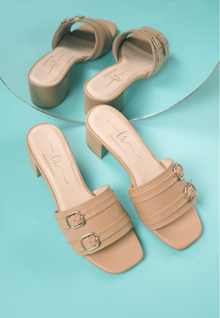 women double buckle strap heels#color_camel