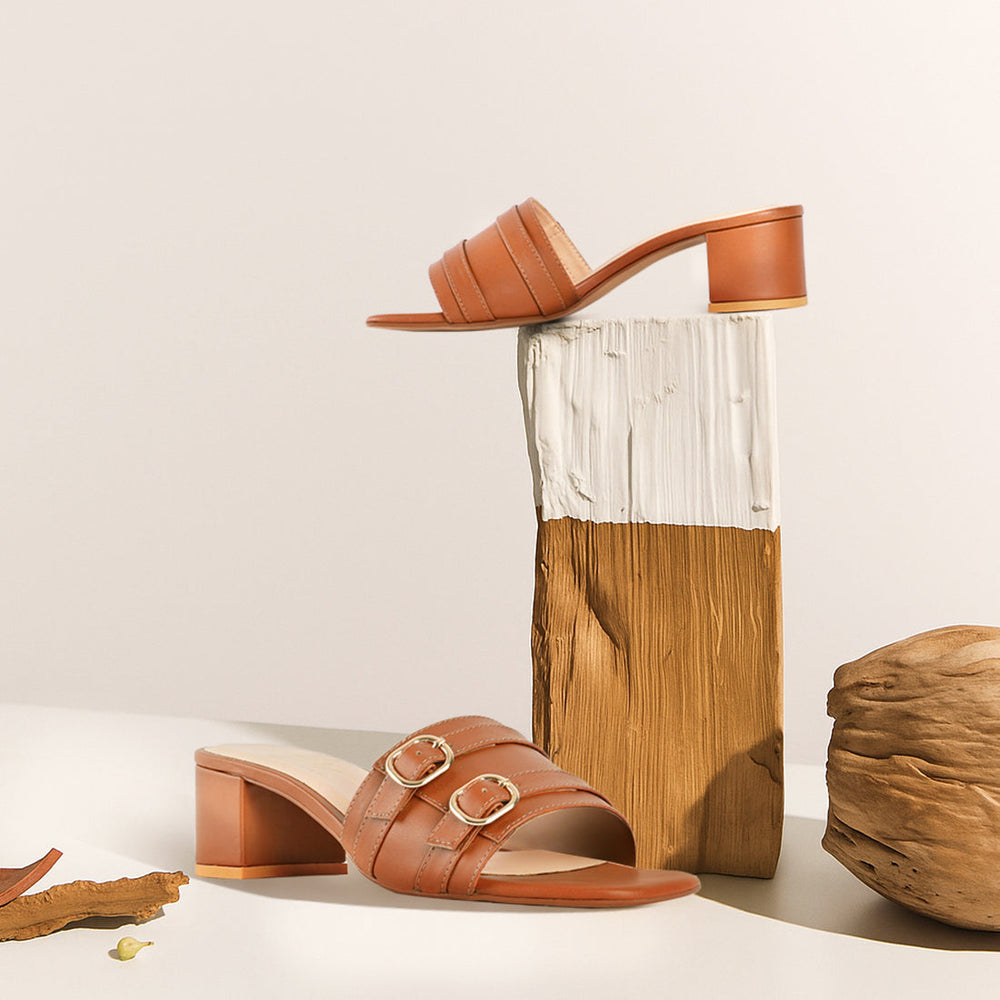 women double buckle strap heels#color_tan