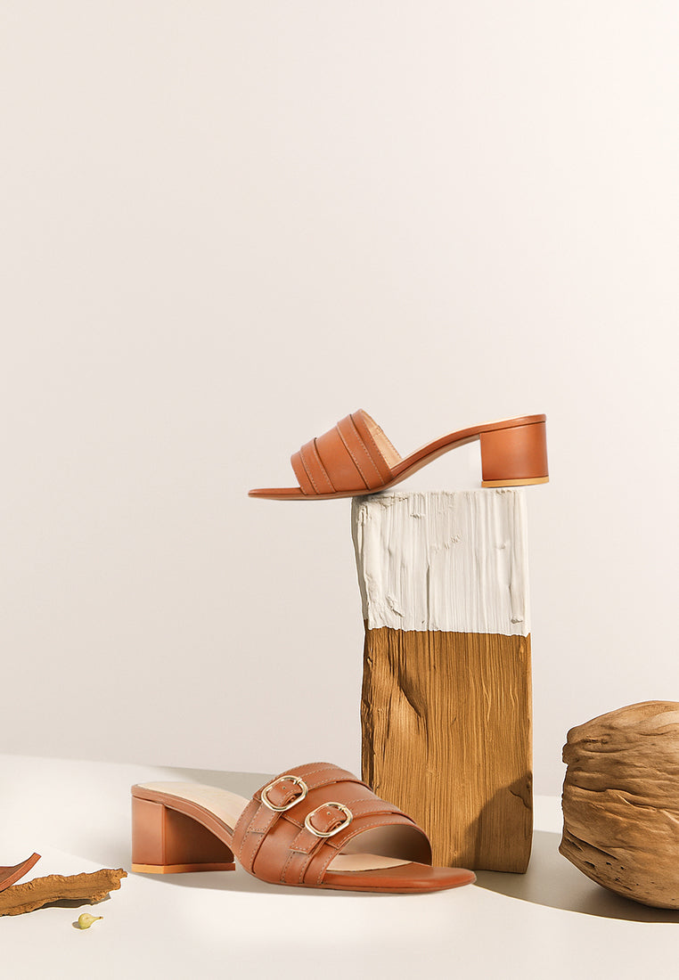 women double buckle strap heels#color_tan