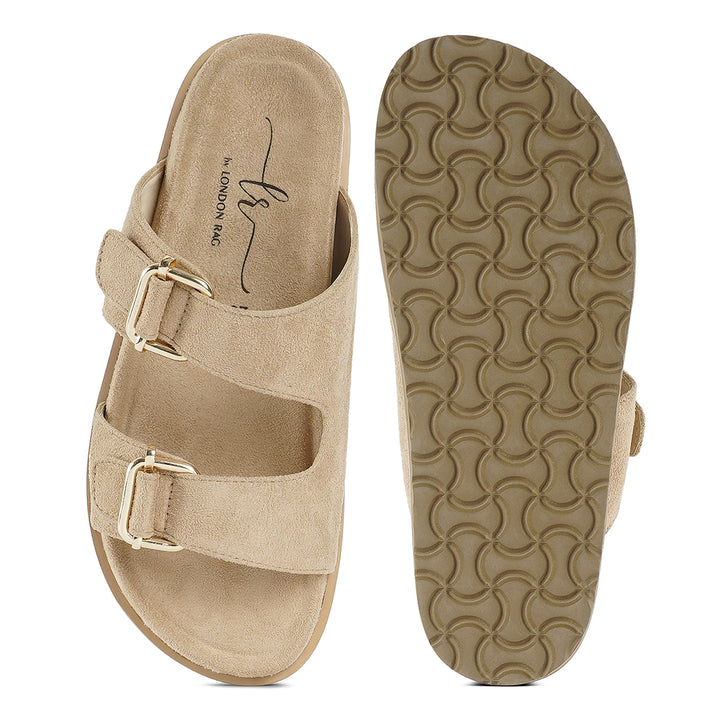 women microfiber buckle detail sandals#color_beige