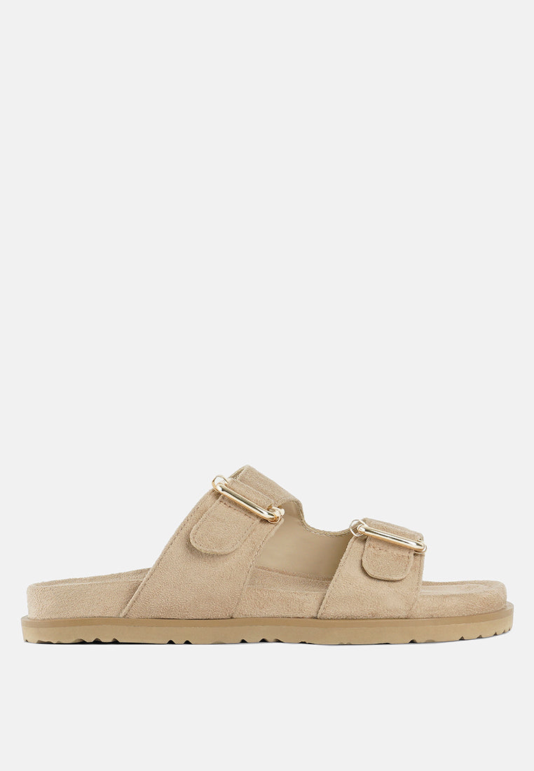 women microfiber buckle detail sandals#color_beige