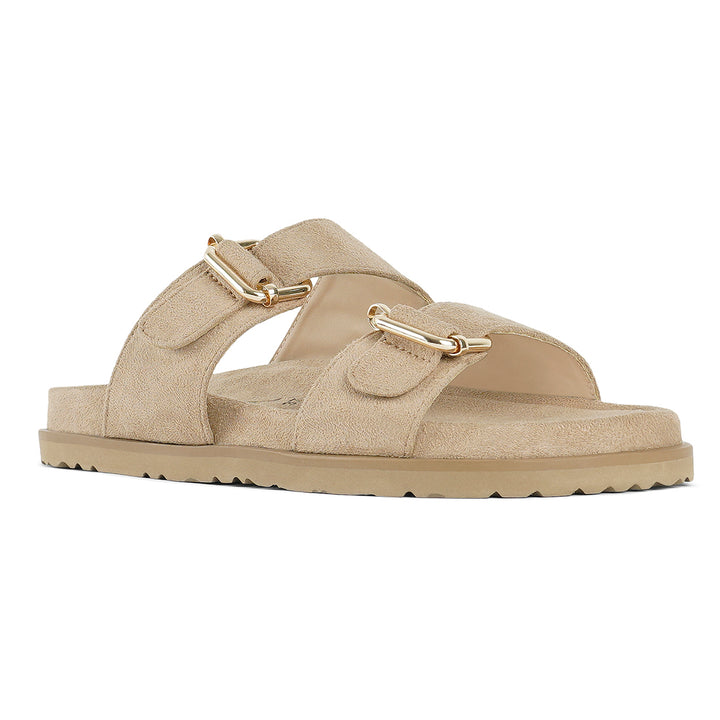 women microfiber buckle detail sandals#color_beige