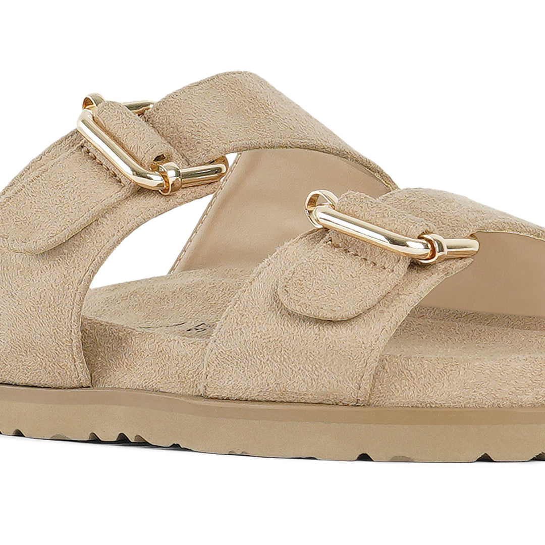 women microfiber buckle detail sandals#color_beige