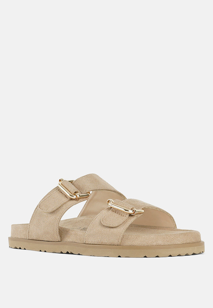 women microfiber buckle detail sandals#color_beige